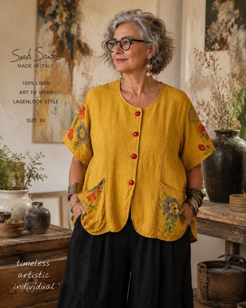 Sarah Santos 3X 100% Linen Jacket Made Italy Mustard Floral Lagenlook Boho